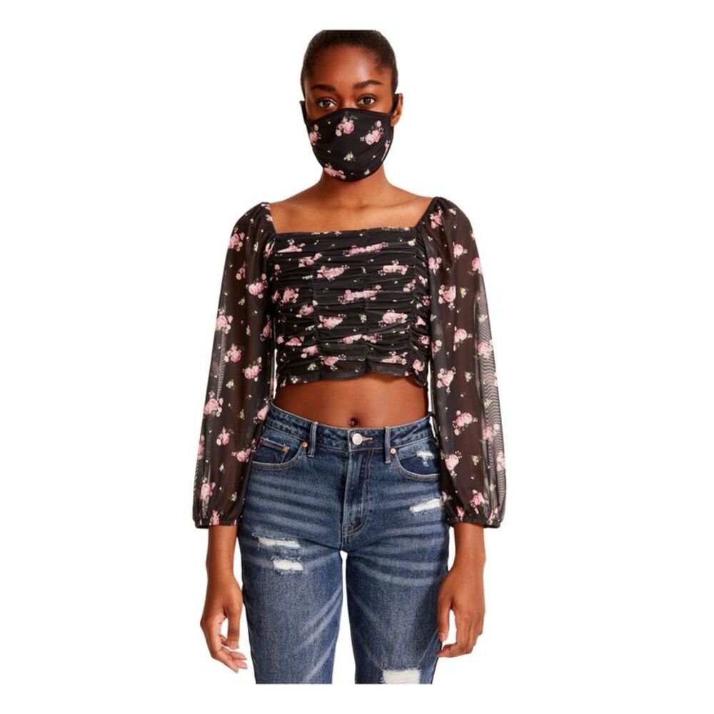 MADDEN GIRL Womens Black Smocked Sheer 3/4 Sleeve Square Neck Peasant Top XS